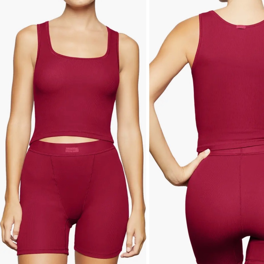 RARE SOLD OUT SKIMS cotton rib tank and boxer set in dark red burgundy